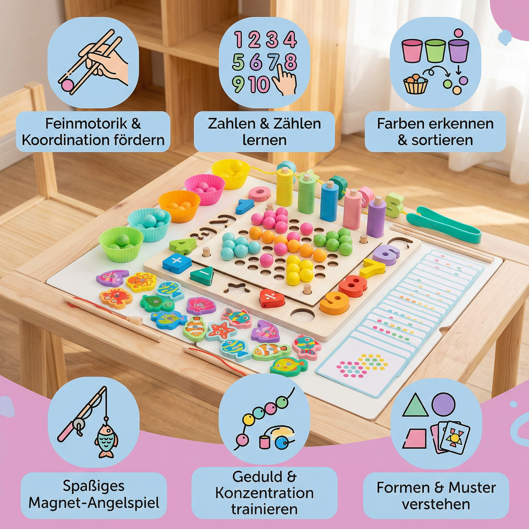 Holzspielzeug 6-in-1 Angelspiel – Lernspiel für Farben, Zahlen & Feinmotorik