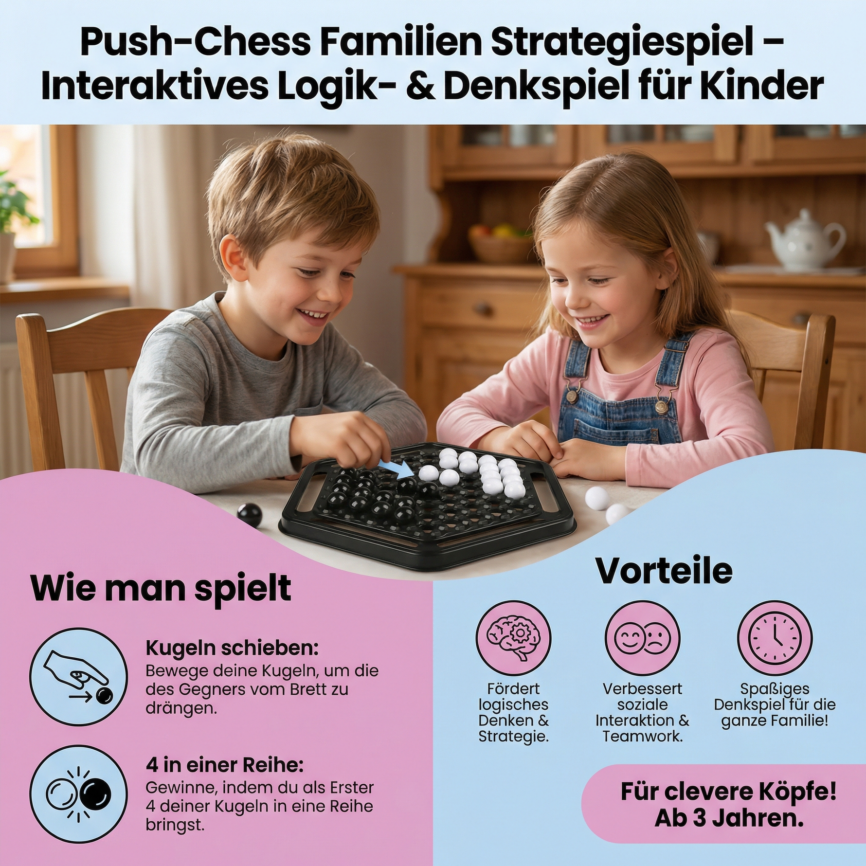 Interaktives Strategiespiel Push-Chess für Familien – Denk- und Logikspiel für Kinder