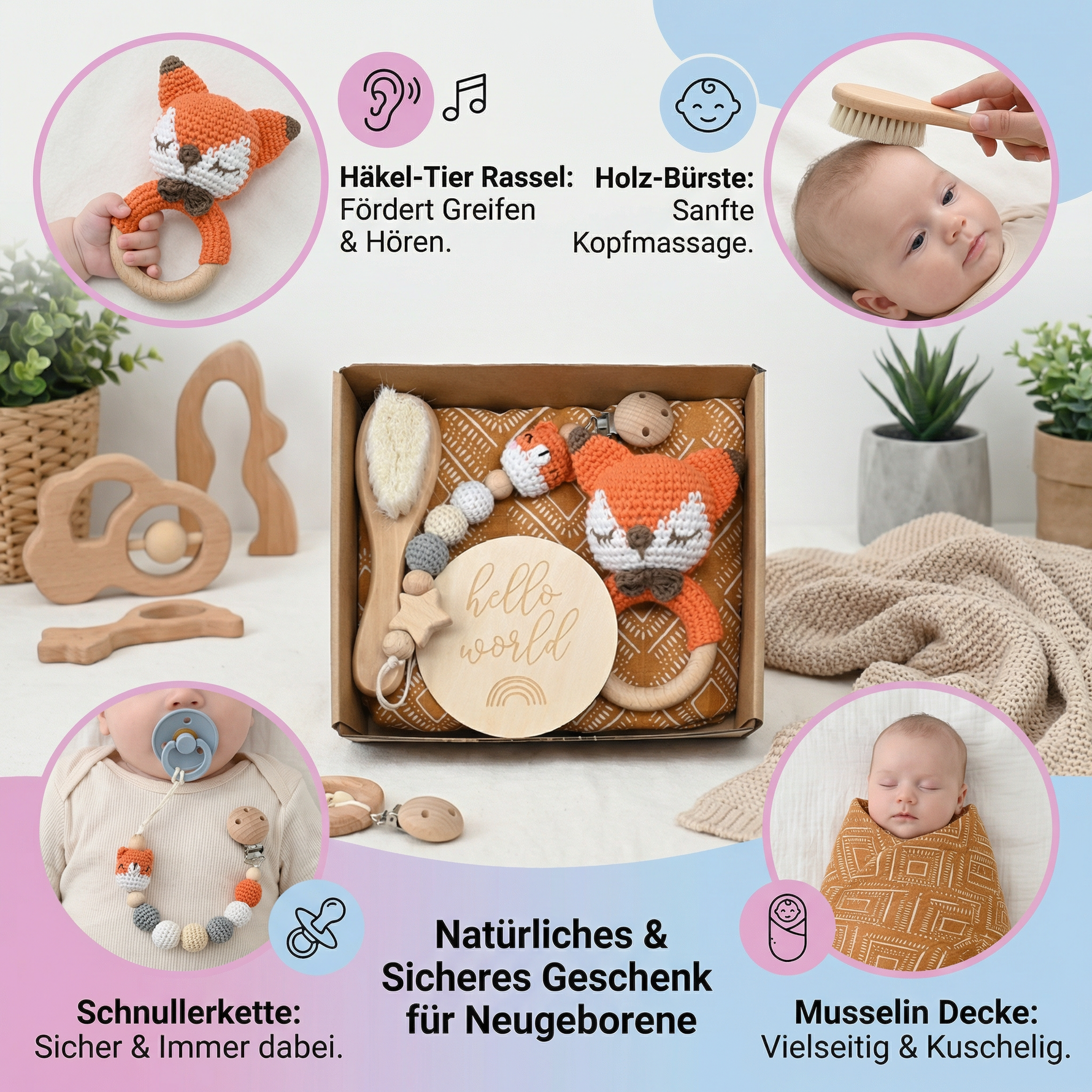 Geschenkset für Neugeborene – Rassel aus Häkel-Tier, Holzspielzeug, Musselin-Decke & Schnullerkette