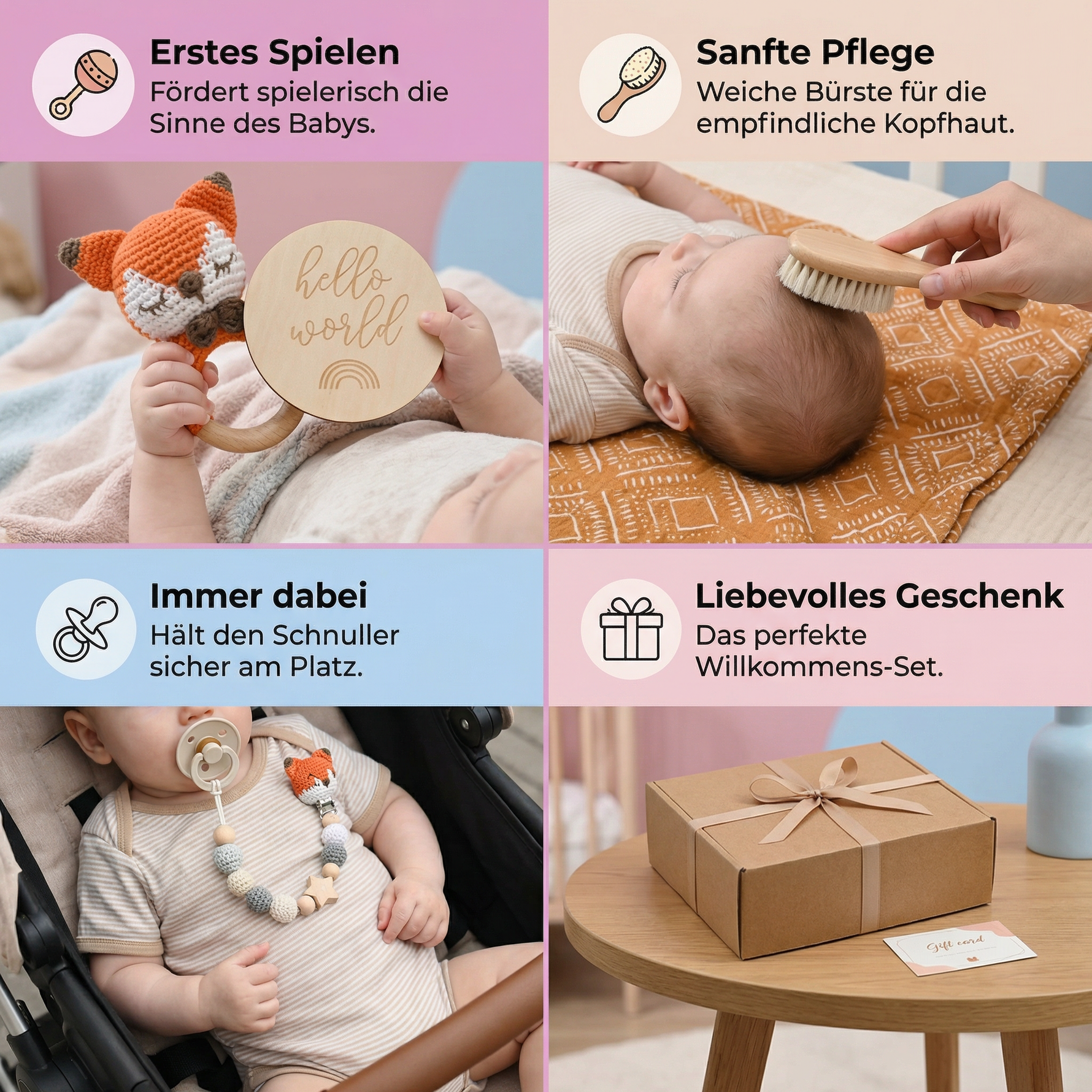 Geschenkset für Neugeborene – Rassel aus Häkel-Tier, Holzspielzeug, Musselin-Decke & Schnullerkette