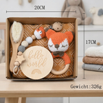 Geschenkset für Neugeborene – Rassel aus Häkel-Tier, Holzspielzeug, Musselin-Decke & Schnullerkette