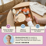 Geschenkset für Neugeborene – Rassel aus Häkel-Tier, Holzspielzeug, Musselin-Decke & Schnullerkette