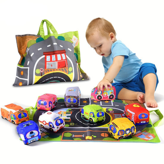 Plüschspielzeug-Autos mit Straßenmatte und Tragetasche – 2in1