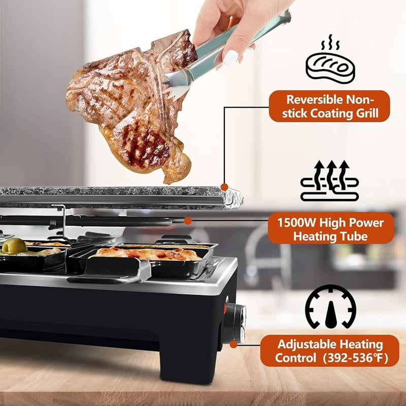 Elektrischer Grill mit umkehrbarer Antihaftplatte und Raclette-Schalen für die Zubereitung in Innenräumen