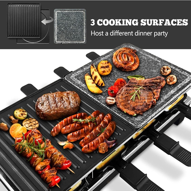 Elektrischer Grill mit umkehrbarer Antihaftplatte und Raclette-Schalen für die Zubereitung in Innenräumen