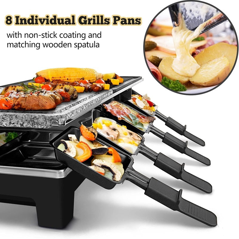 Elektrischer Grill mit umkehrbarer Antihaftplatte und Raclette-Schalen für die Zubereitung in Innenräumen