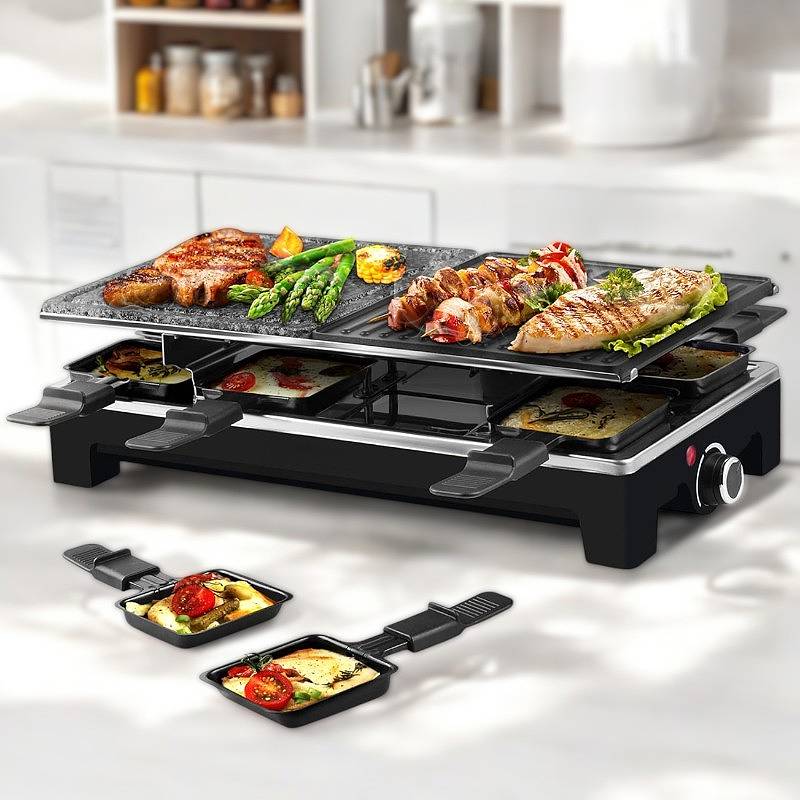 Elektrischer Grill mit umkehrbarer Antihaftplatte und Raclette-Schalen für die Zubereitung in Innenräumen