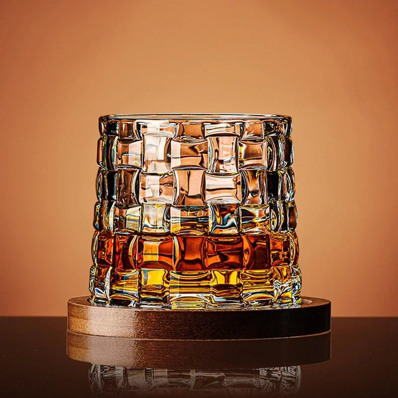 Whiskey Glass Set with Wooden Stand and Elegant Crystal Design