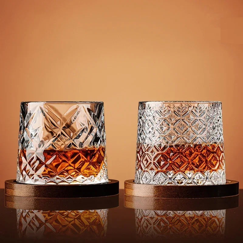 Whiskey Glass Set with Wooden Stand and Elegant Crystal Design