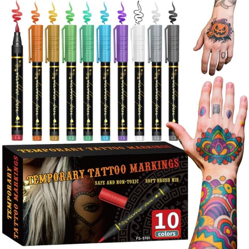Kreatives Tattoo Marker Set – 10 Farben mit Pinselspitze