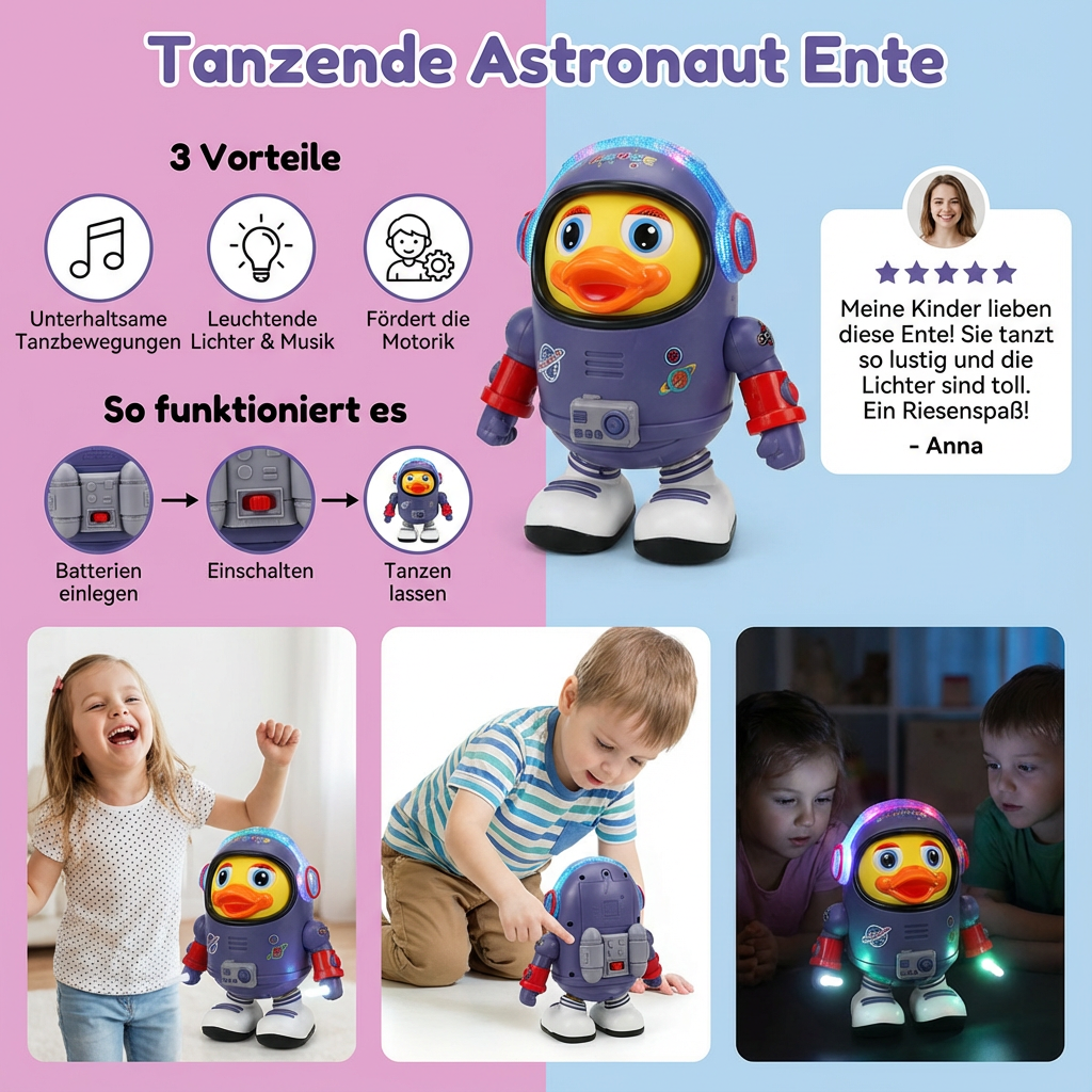 Schwimmende Astronautenente mit tanzenden Bewegungen
