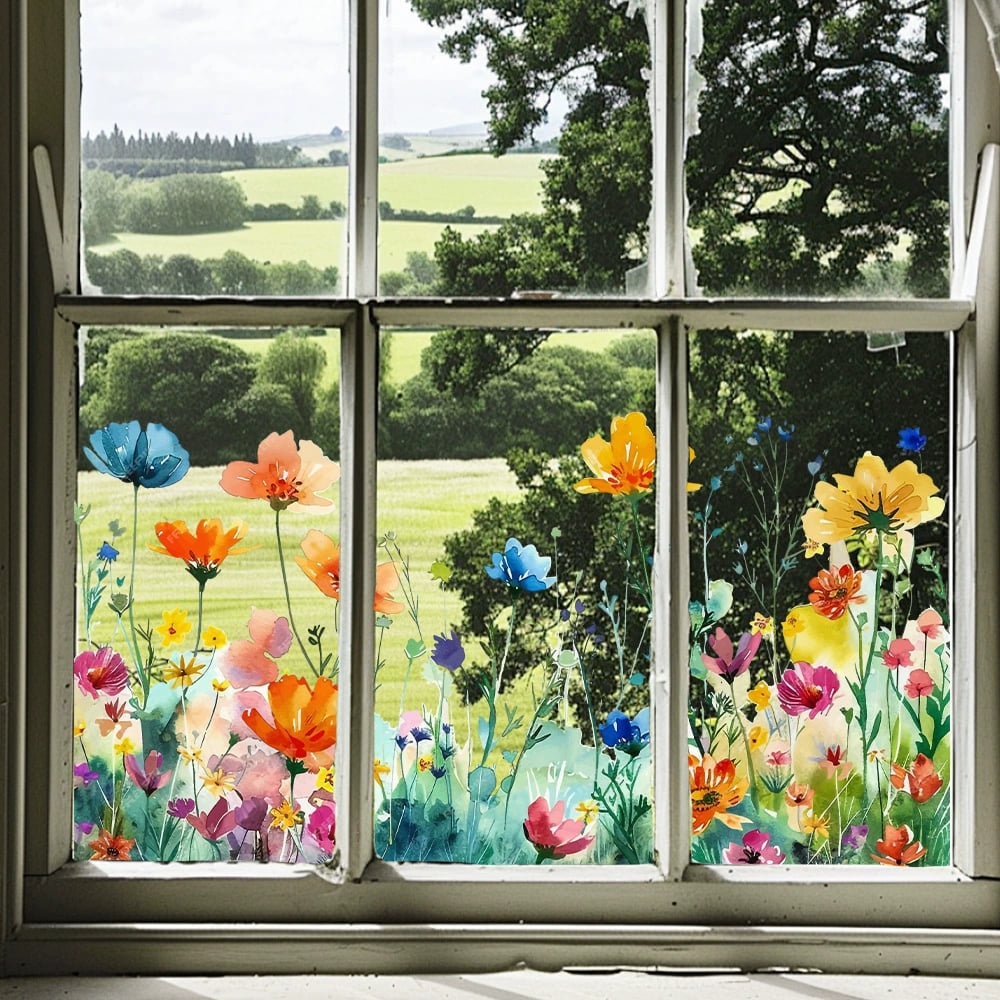 Bunte Fensteraufkleber mit Blumen- und Schmetterlingsmotiven