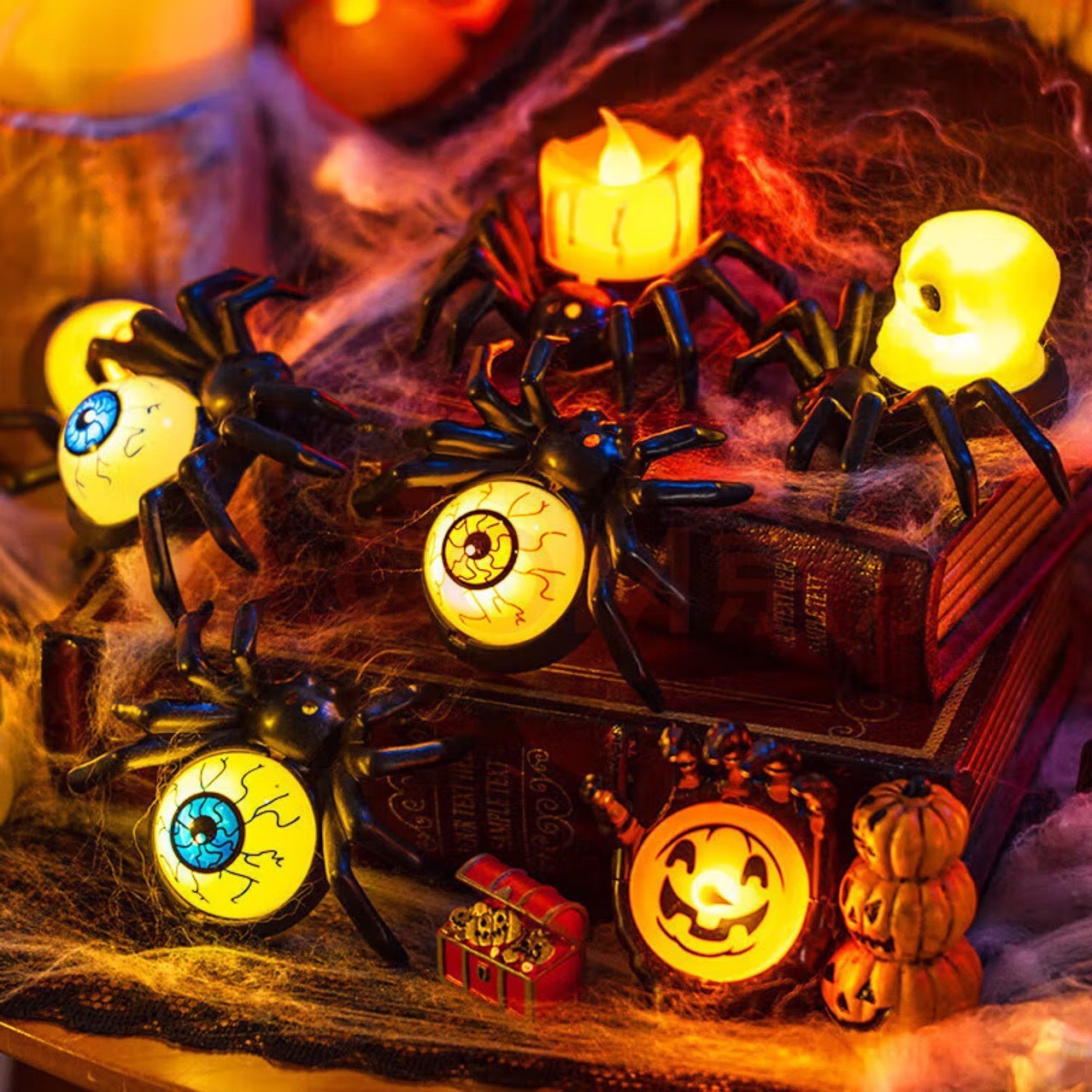 Gruselige Halloween-Dekoration – Spinnenrücken Ornament mit Kerzen und Augen