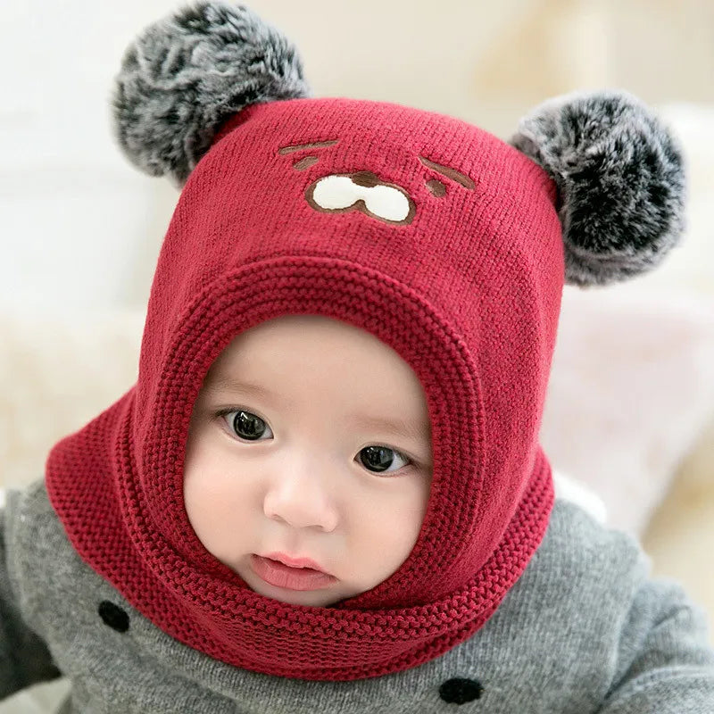 Warme Strickmütze für Babys mit Ohren – Fleecefutter und Tierdesign