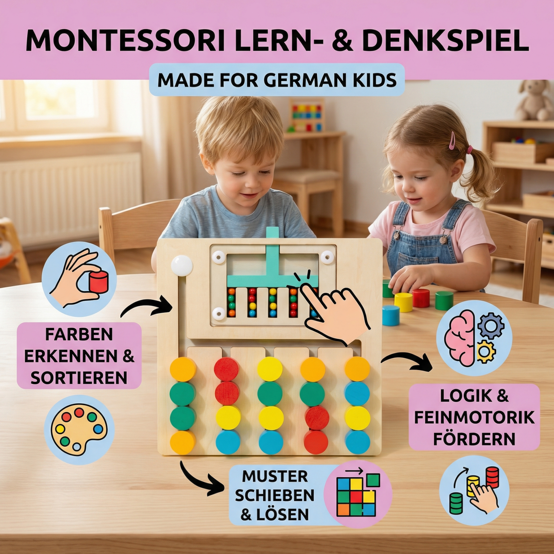 Holzsortierspiel in vier Farben – Montessori Lernspiel für Kinder
