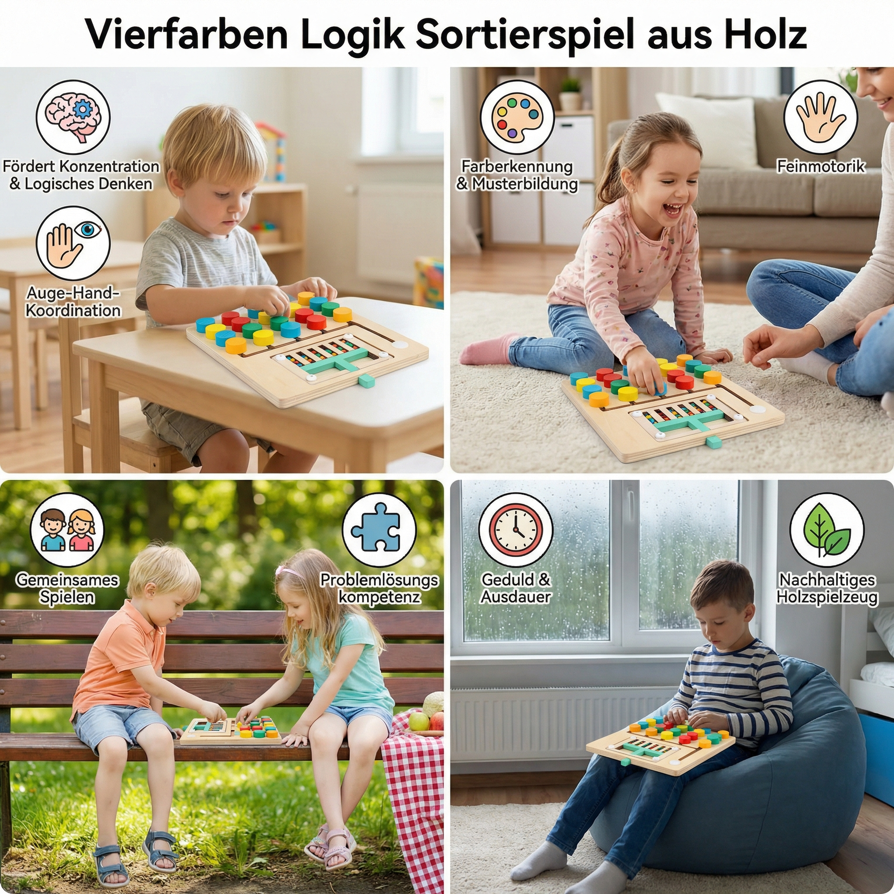Holzsortierspiel in vier Farben – Montessori Lernspiel für Kinder