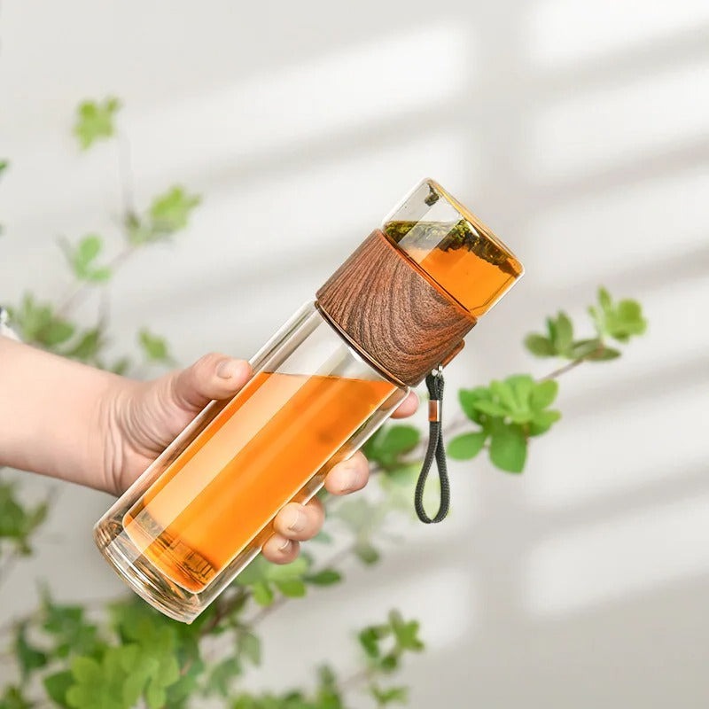 Thermosflasche mit Teefilter – Glas & Holz – Doppelwandig – 500 ml – Klar