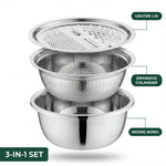 Vielseitiges Edelstahl-Schüsselset mit Reibe und Sieb – 3-in-1 Lösung