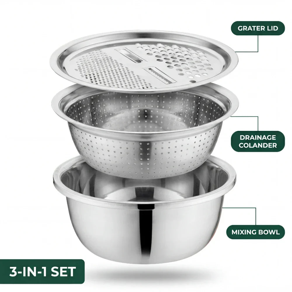 Vielseitiges Edelstahl-Schüsselset mit Reibe und Sieb – 3-in-1 Lösung