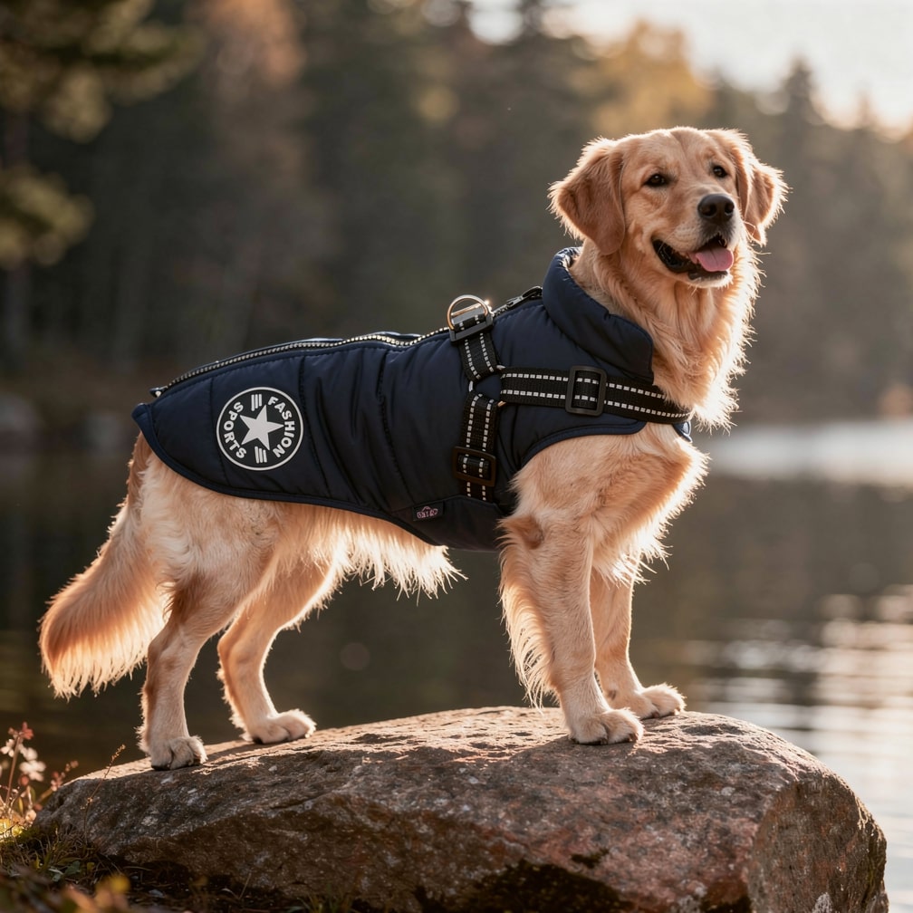 Wärmender Hundemantel für den Winter mit integriertem Geschirr