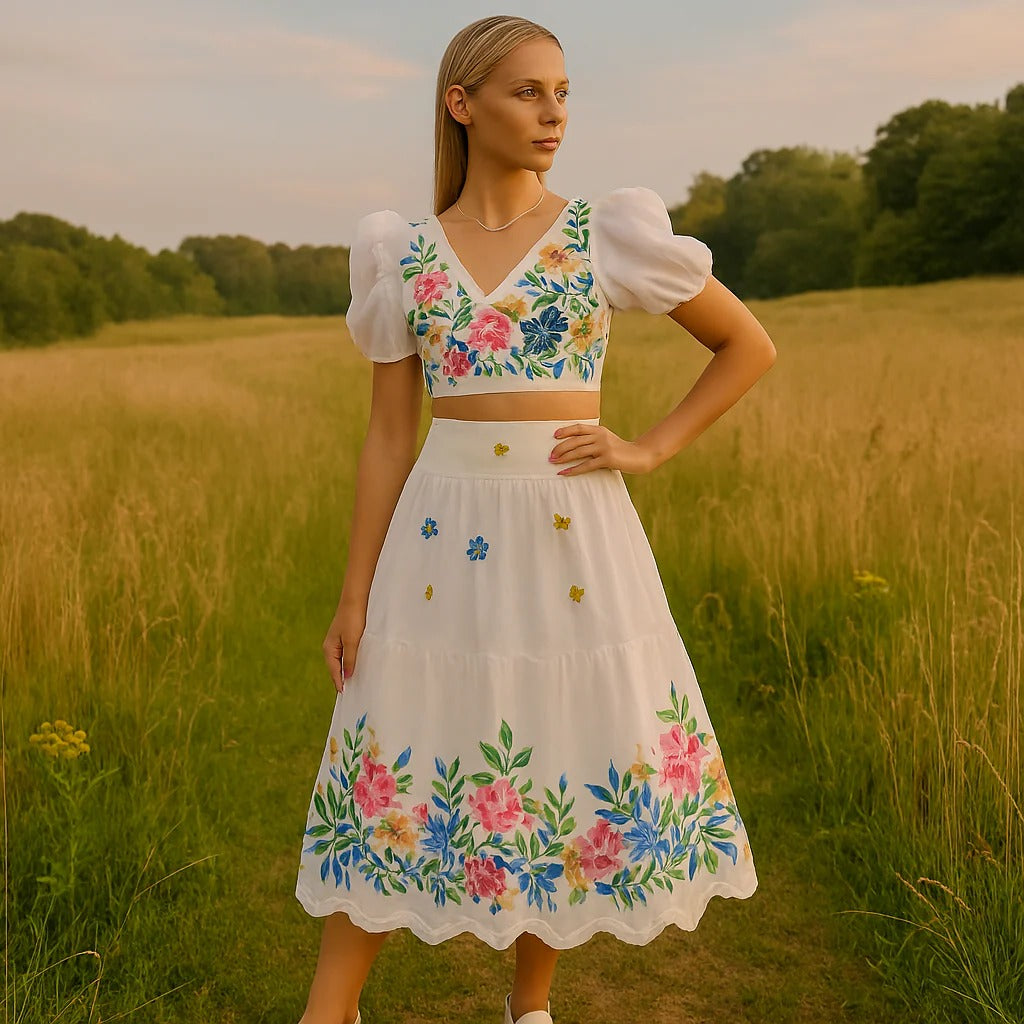 Elegantes Blumendesign: Zweiteiliges Set mit Puffärmeln und Rüschensrock