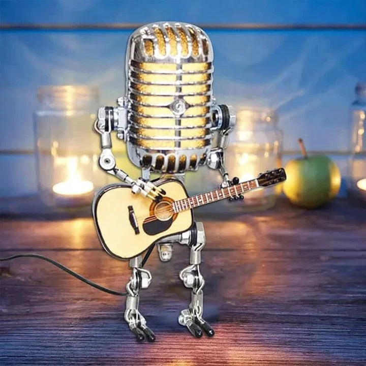 Kreative Tischlampe im Roboterdesign mit Mikrofon und Gitarre