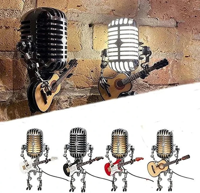 Kreative Tischlampe im Roboterdesign mit Mikrofon und Gitarre