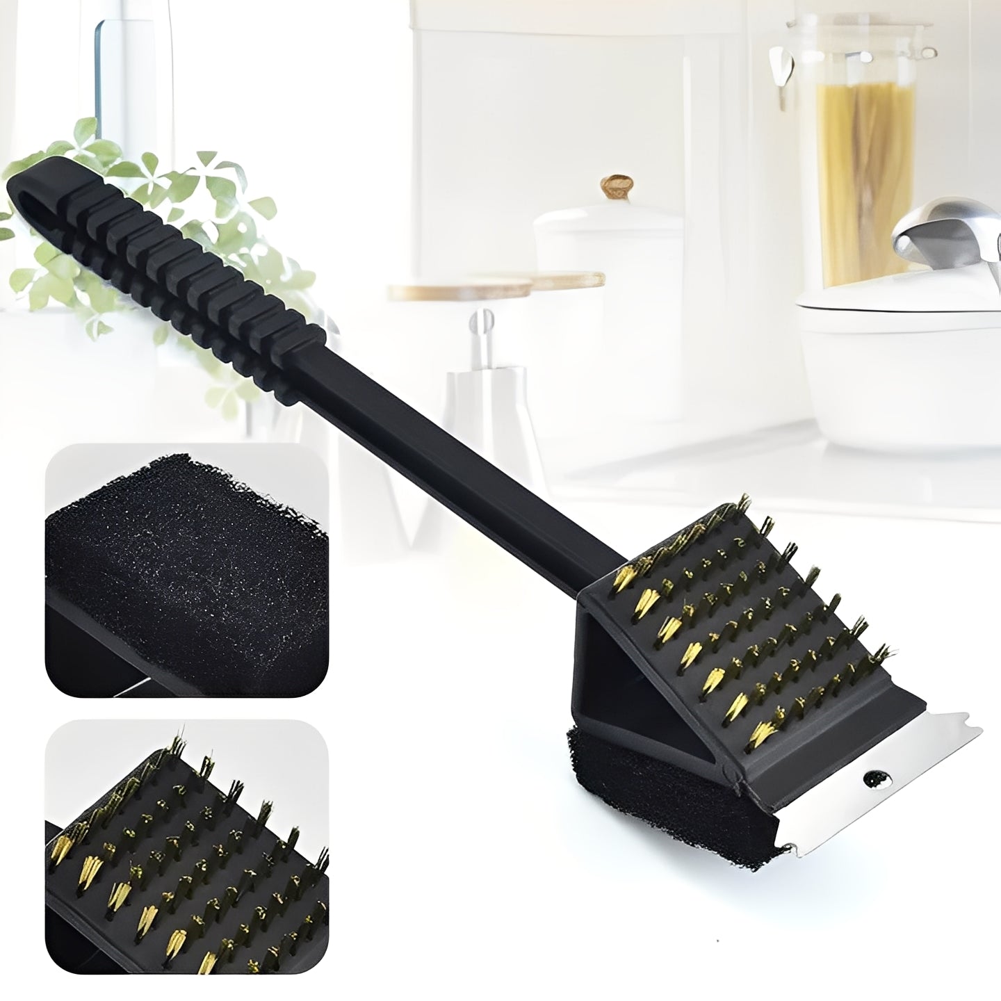 3-in-1 Grillreinigungsbürste mit Stahlborsten, Schaber und Schwamm