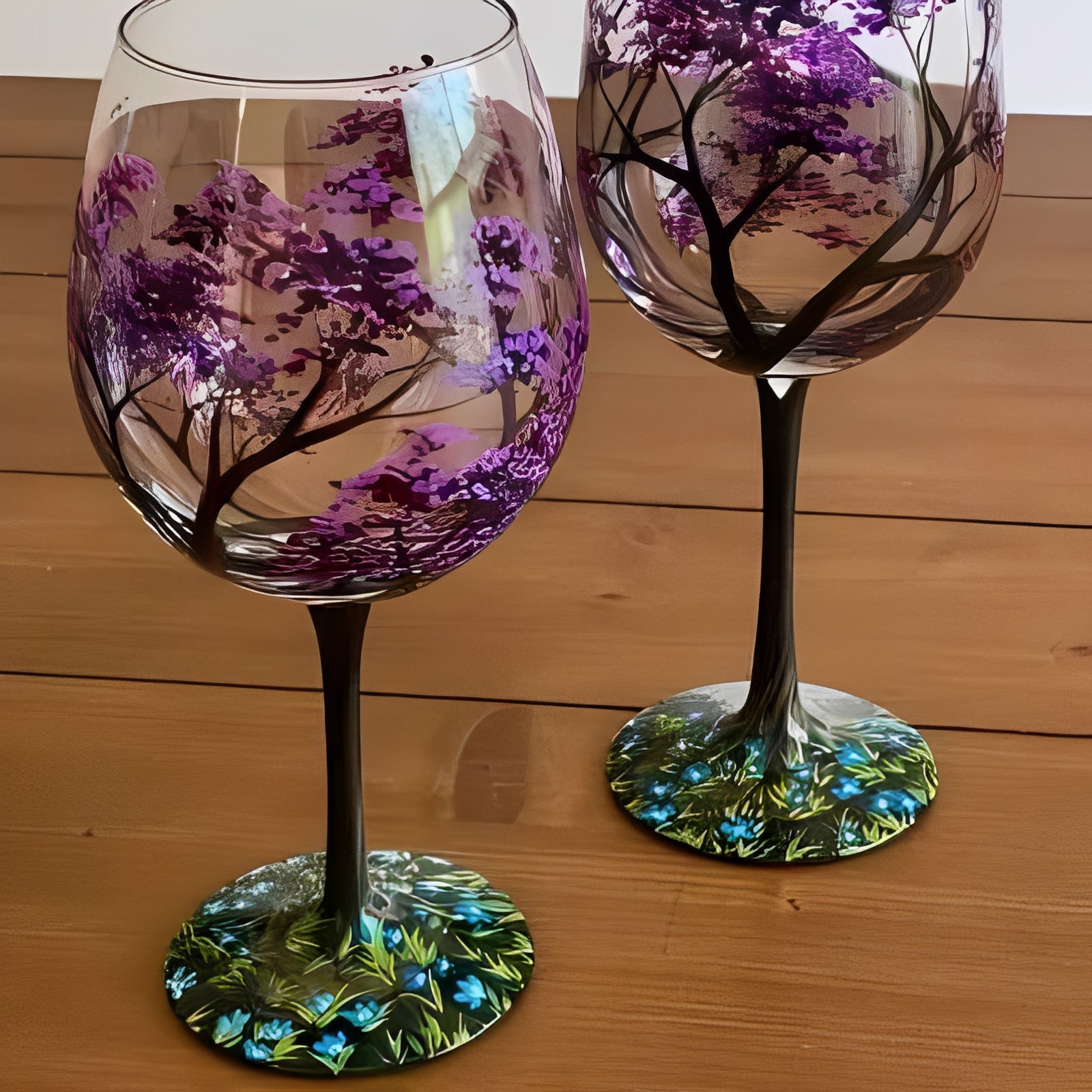 Weinbecher mit handgemaltem Jahreszeitenbaum-Motiv