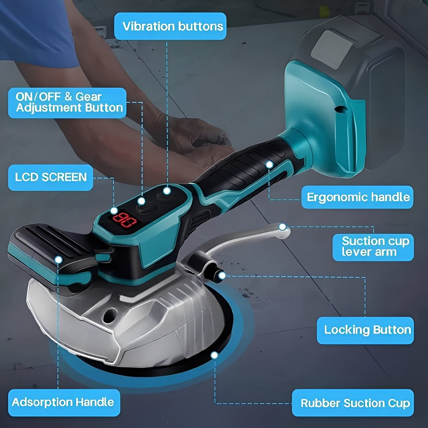 Wiederaufladbares Fliesen-Saugwerkzeug mit Vibration und LCD-Anzeige
