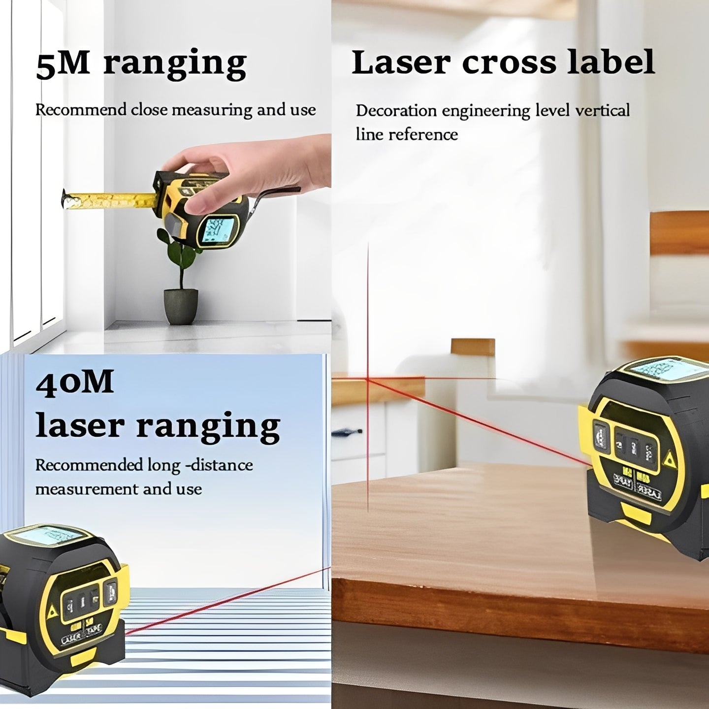 Vielseitiges 3-in-1 Distanzmessgerät mit Laserfunktion