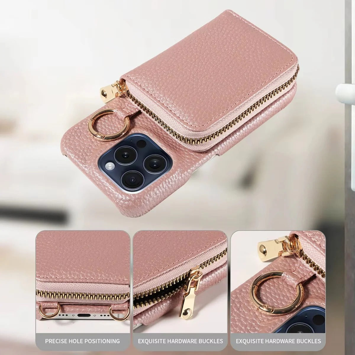 Elegante Lederhülle für iPhone mit Kartenfächern und Reißverschluss
