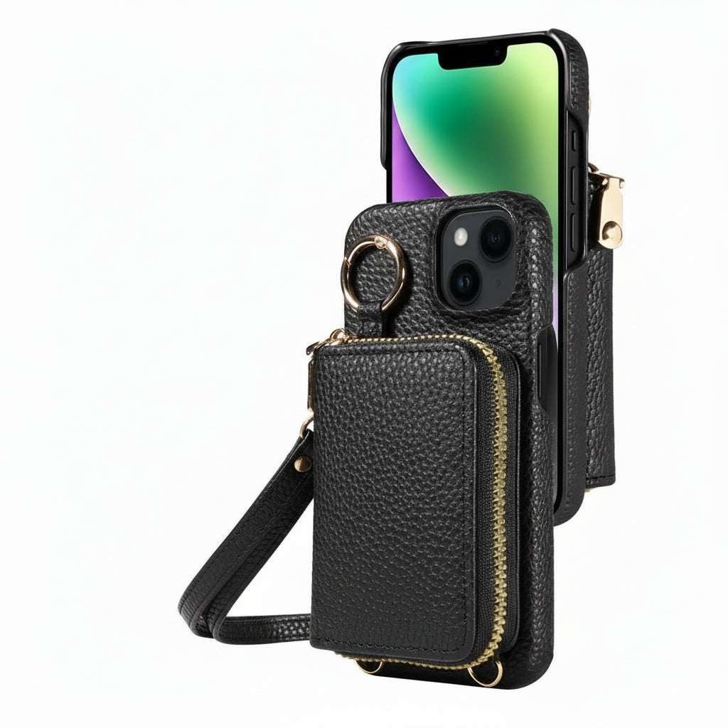 Elegante Ledertasche für iPhone mit Kartenfächern und Reißverschluss