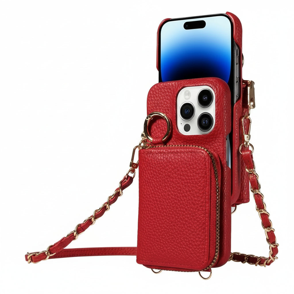 Elegante Ledertasche für iPhone mit Kartenfächern und Reißverschluss