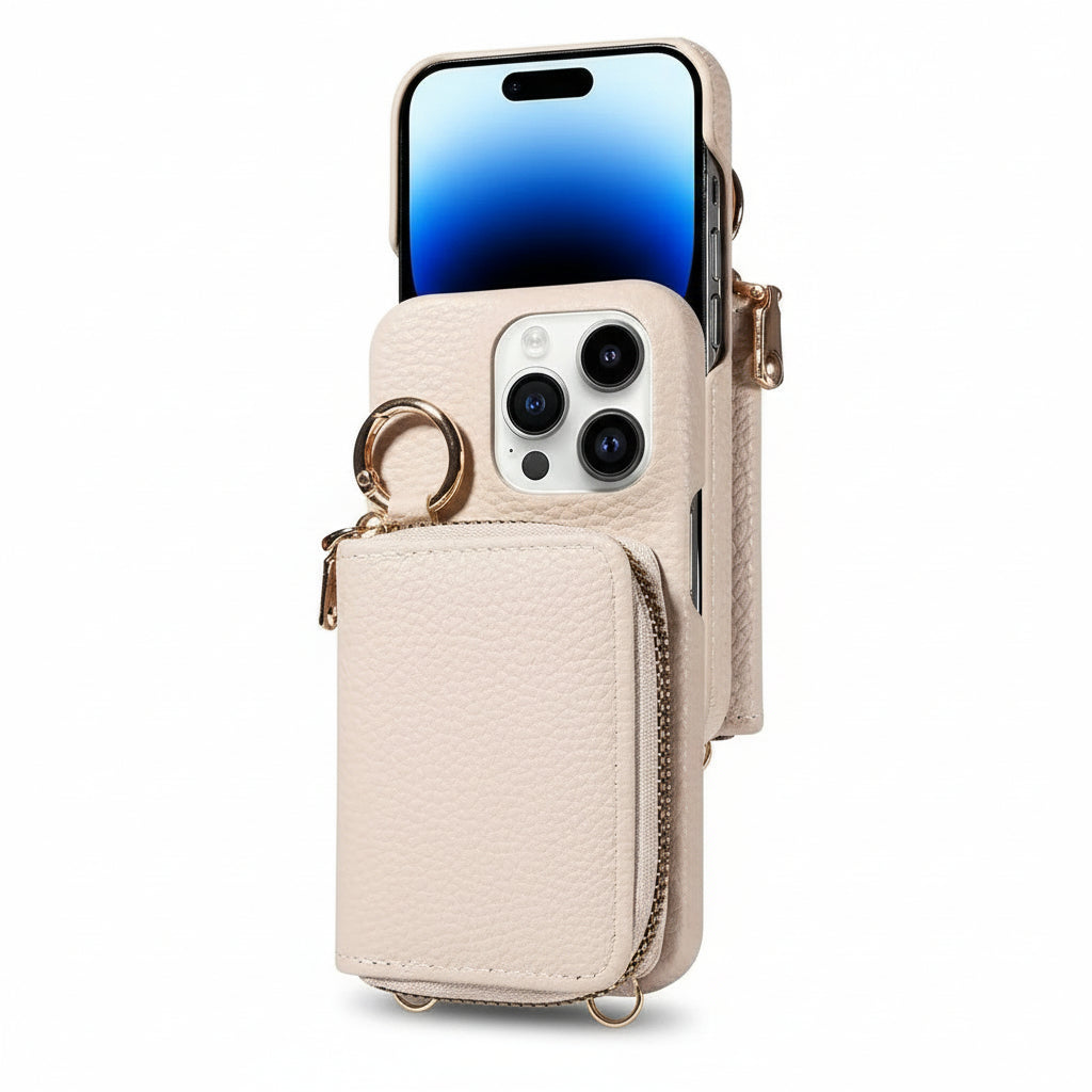 Elegante Lederhülle für iPhone mit Kartenfächern und Reißverschluss