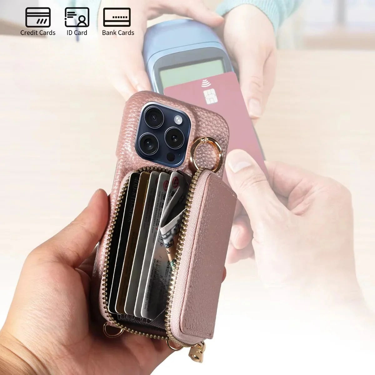 Elegante Ledertasche für iPhone mit Kartenfächern und Reißverschluss