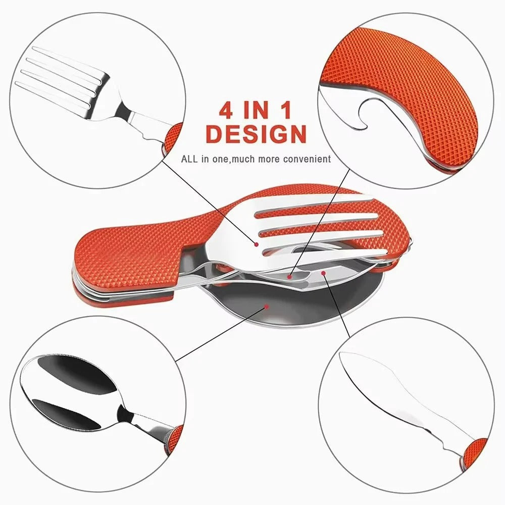 Praktisches 4-in-1 Besteckset für Camping: Gabel, Löffel, Messer und Öffner