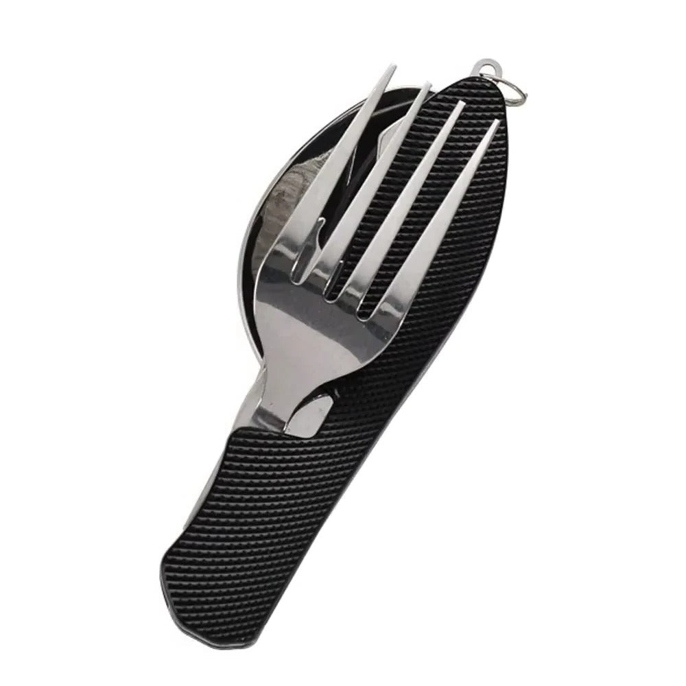 Praktisches 4-in-1 Besteckset für Camping: Gabel, Löffel, Messer und Öffner