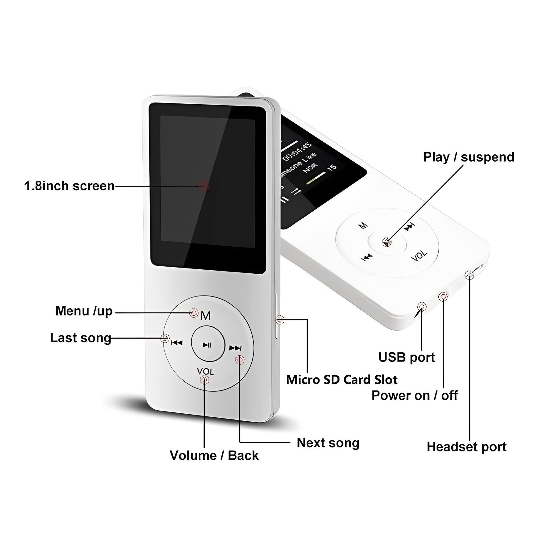 Tragbarer Musikspieler mit 1,8 Zoll Bildschirm und Bluetooth-Funktionalität
