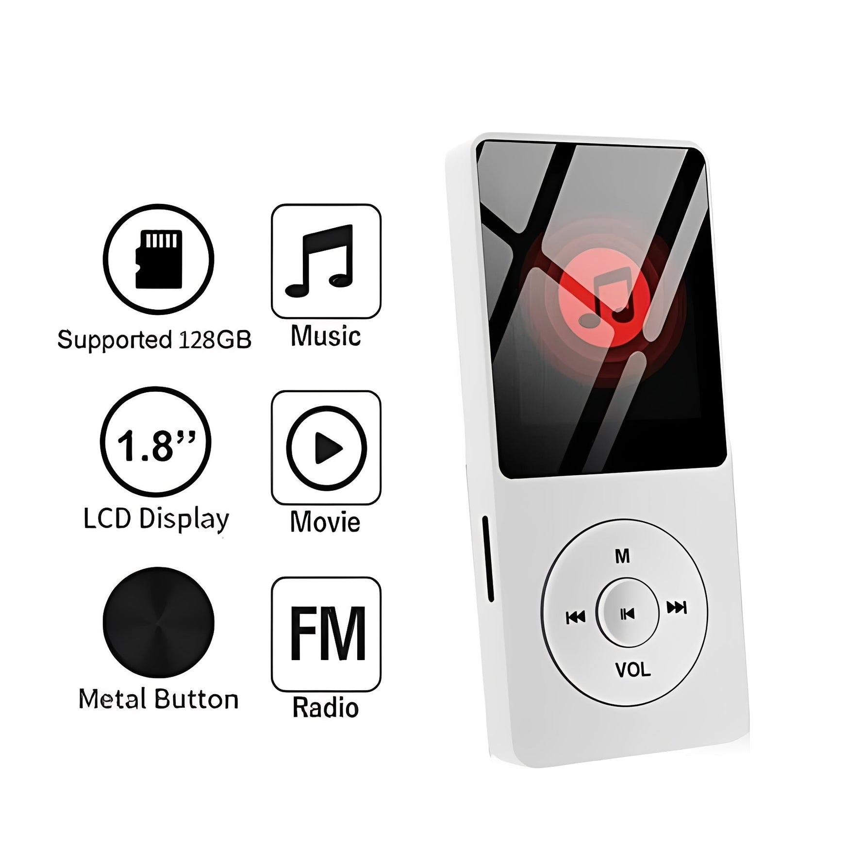 Tragbarer Musikspieler mit 1,8 Zoll Bildschirm und Bluetooth-Funktionalität