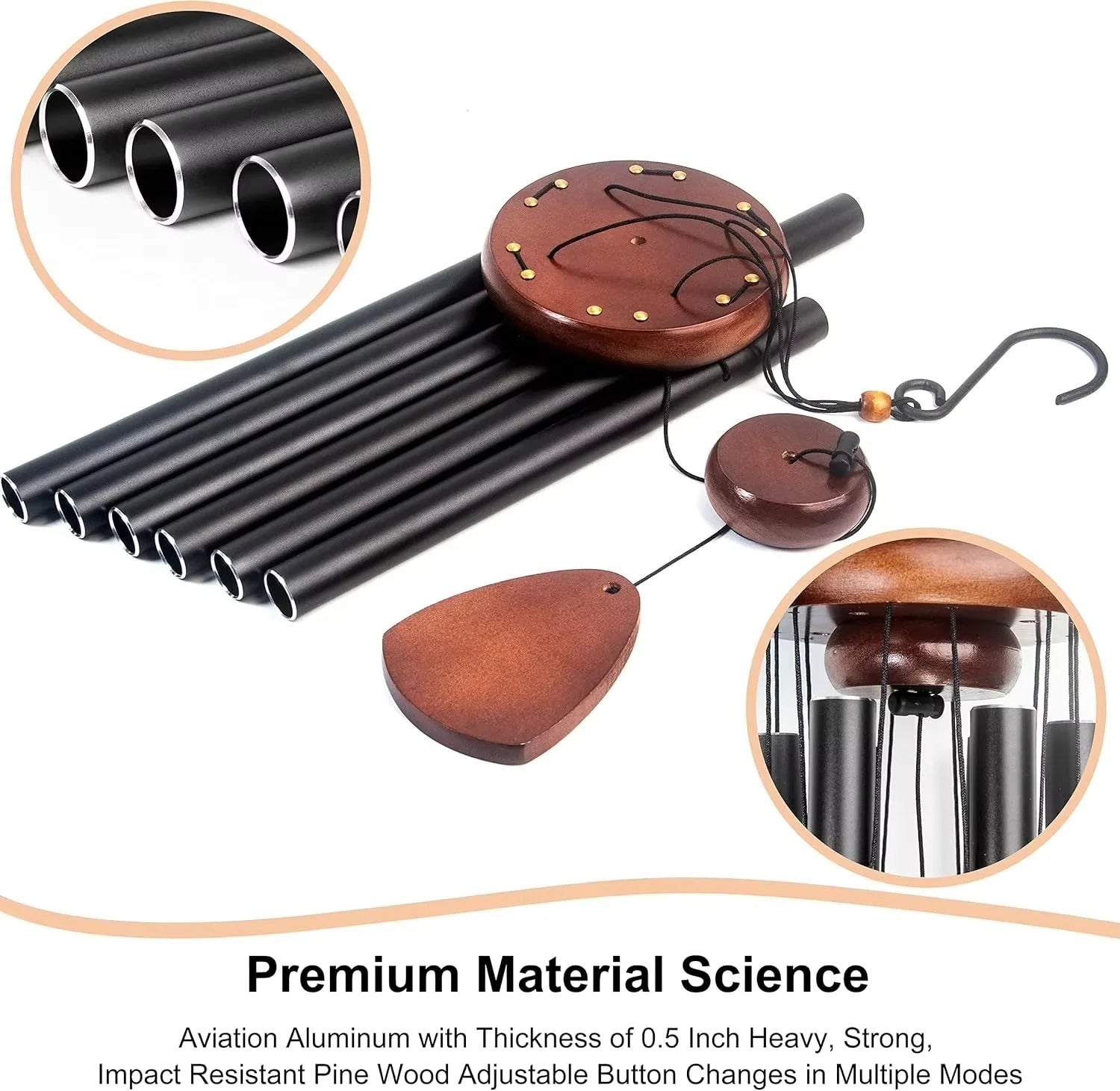 Harmonische Windspiele mit Aluminiumrohren und Holzdetails