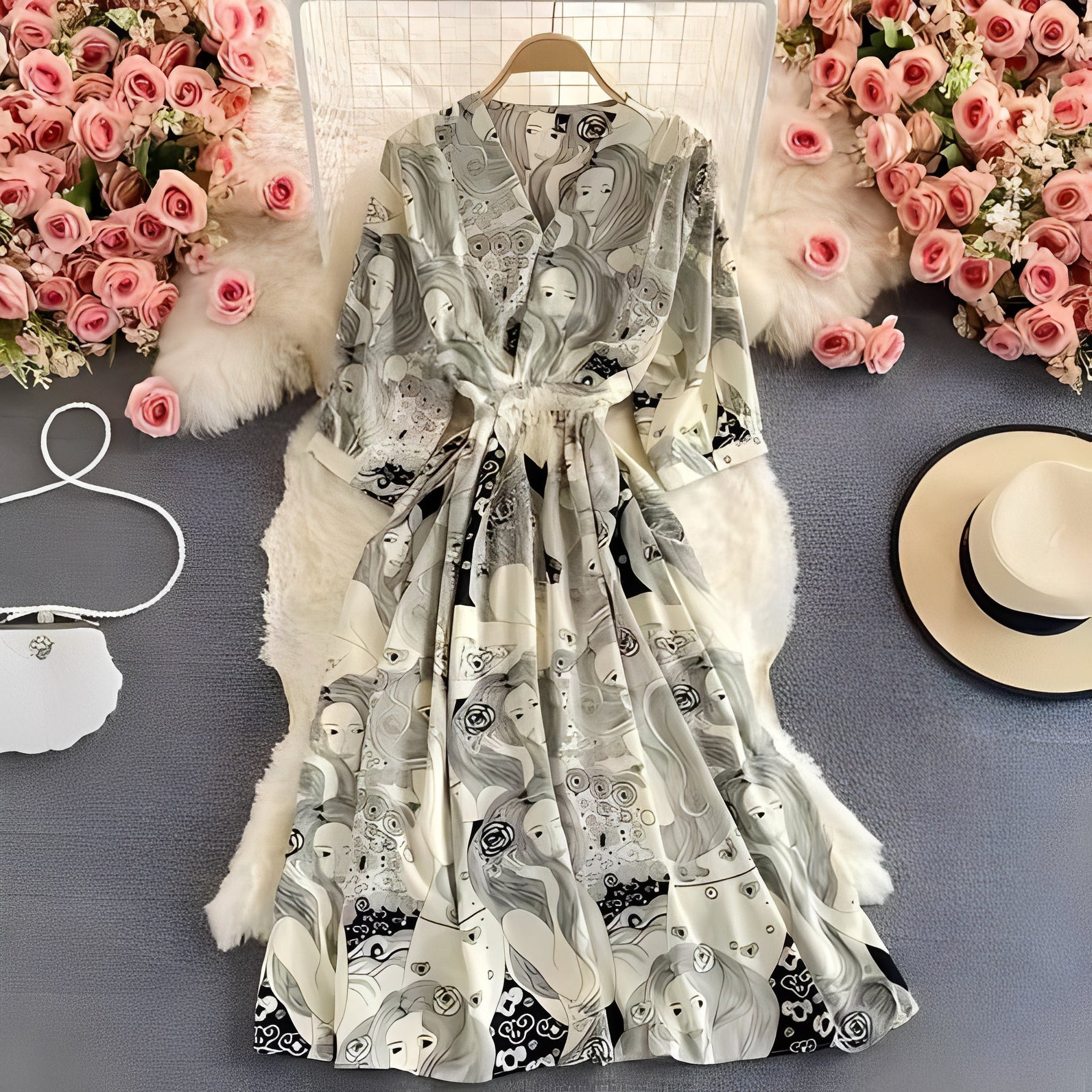 Leichtes Sommerkleid aus Chiffon mit V-Ausschnitt und Puffärmeln