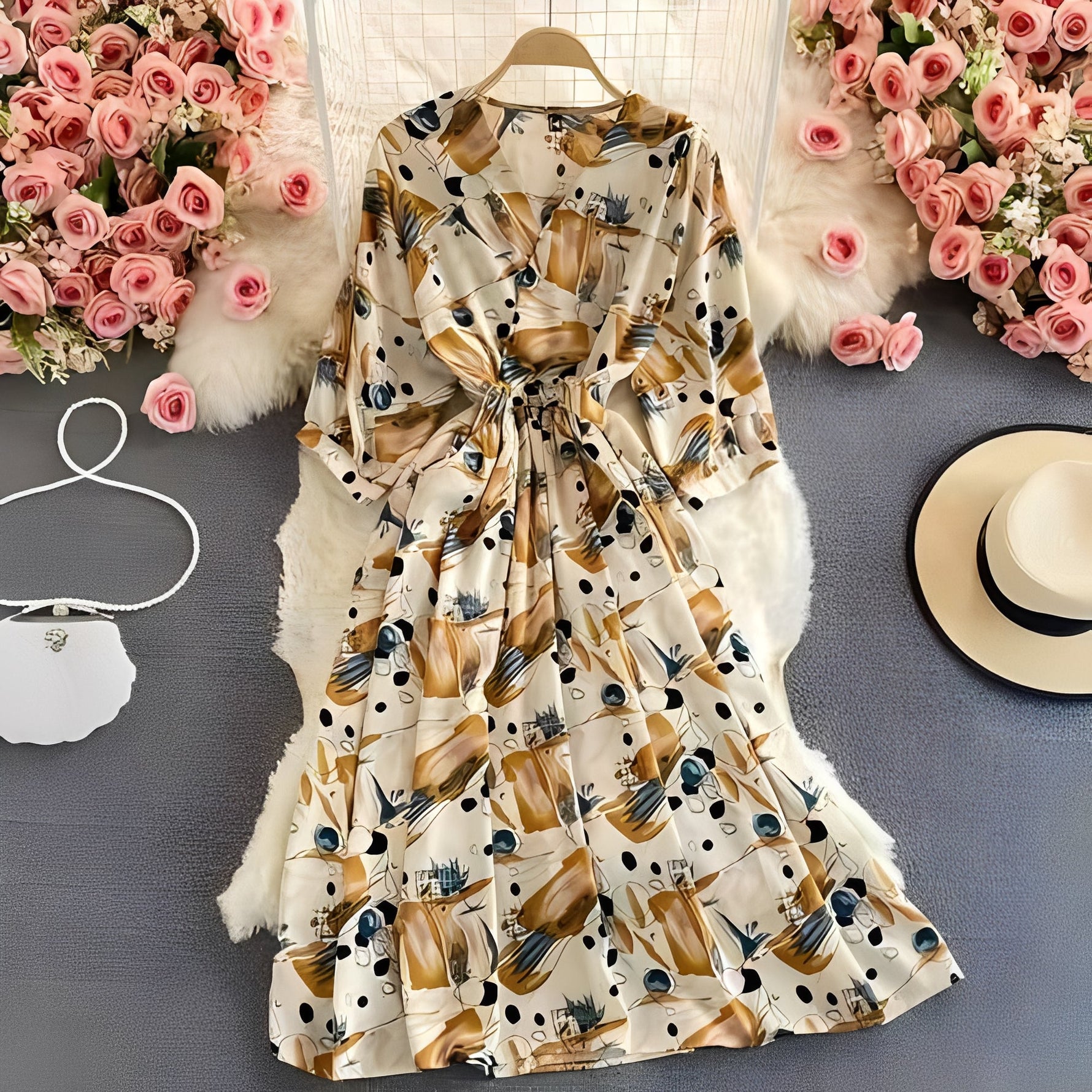 Leichtes Sommerkleid aus Chiffon mit V-Ausschnitt und Puffärmeln