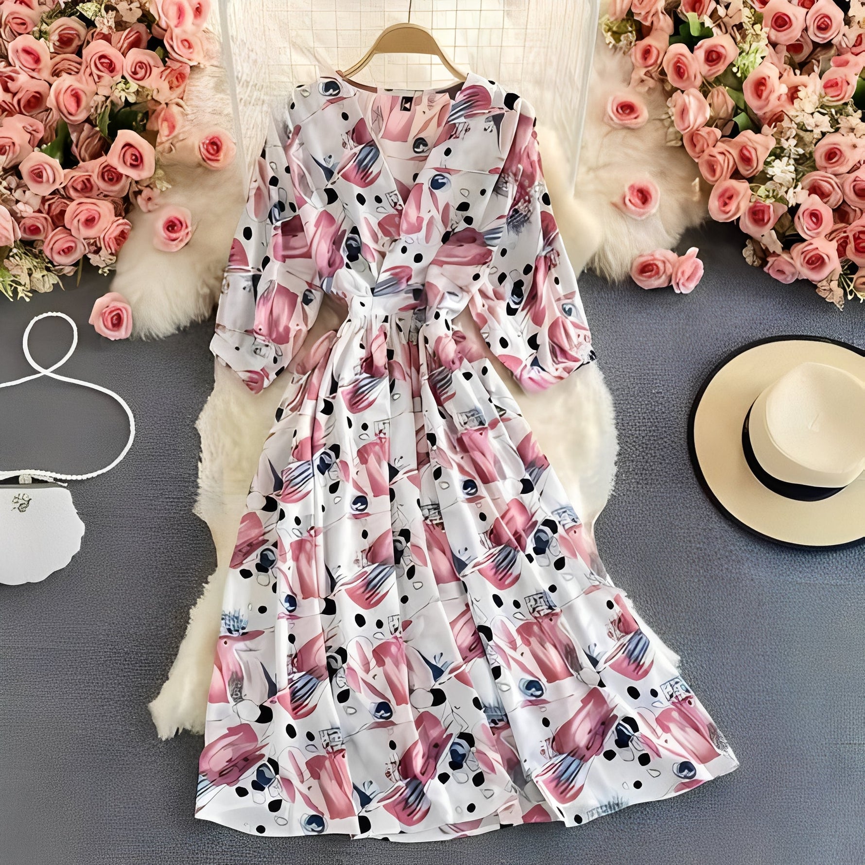 Leichtes Sommerkleid aus Chiffon mit V-Ausschnitt und Puffärmeln