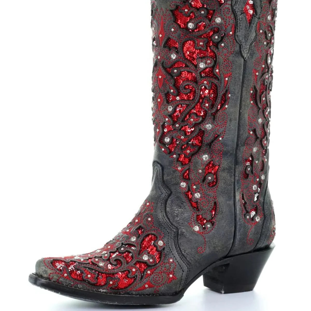 Funkelnde Stiefel mit Spitze und Farbblock-Design