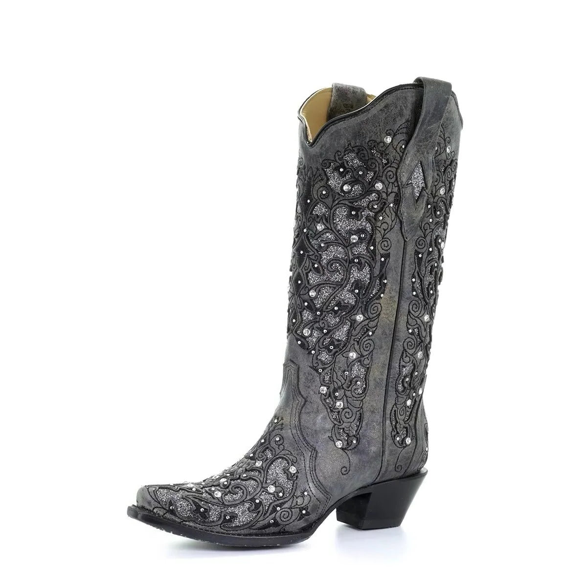 Funkelnde Stiefel mit Spitze und Farbblock-Design