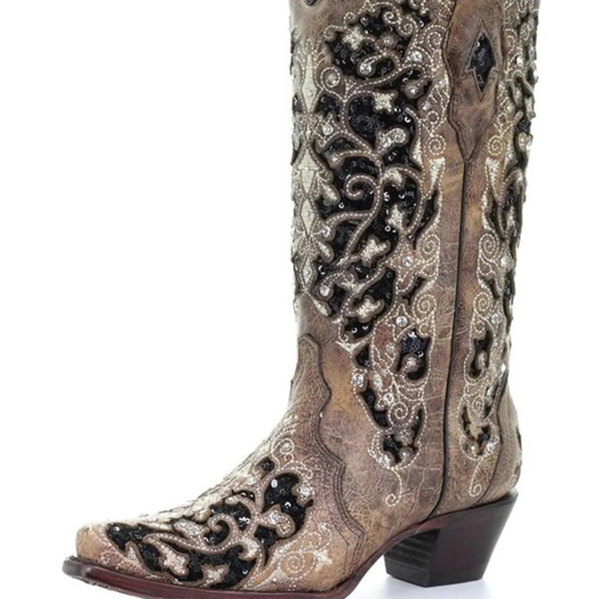 Funkelnde Stiefel mit Spitze und Farbblock-Design