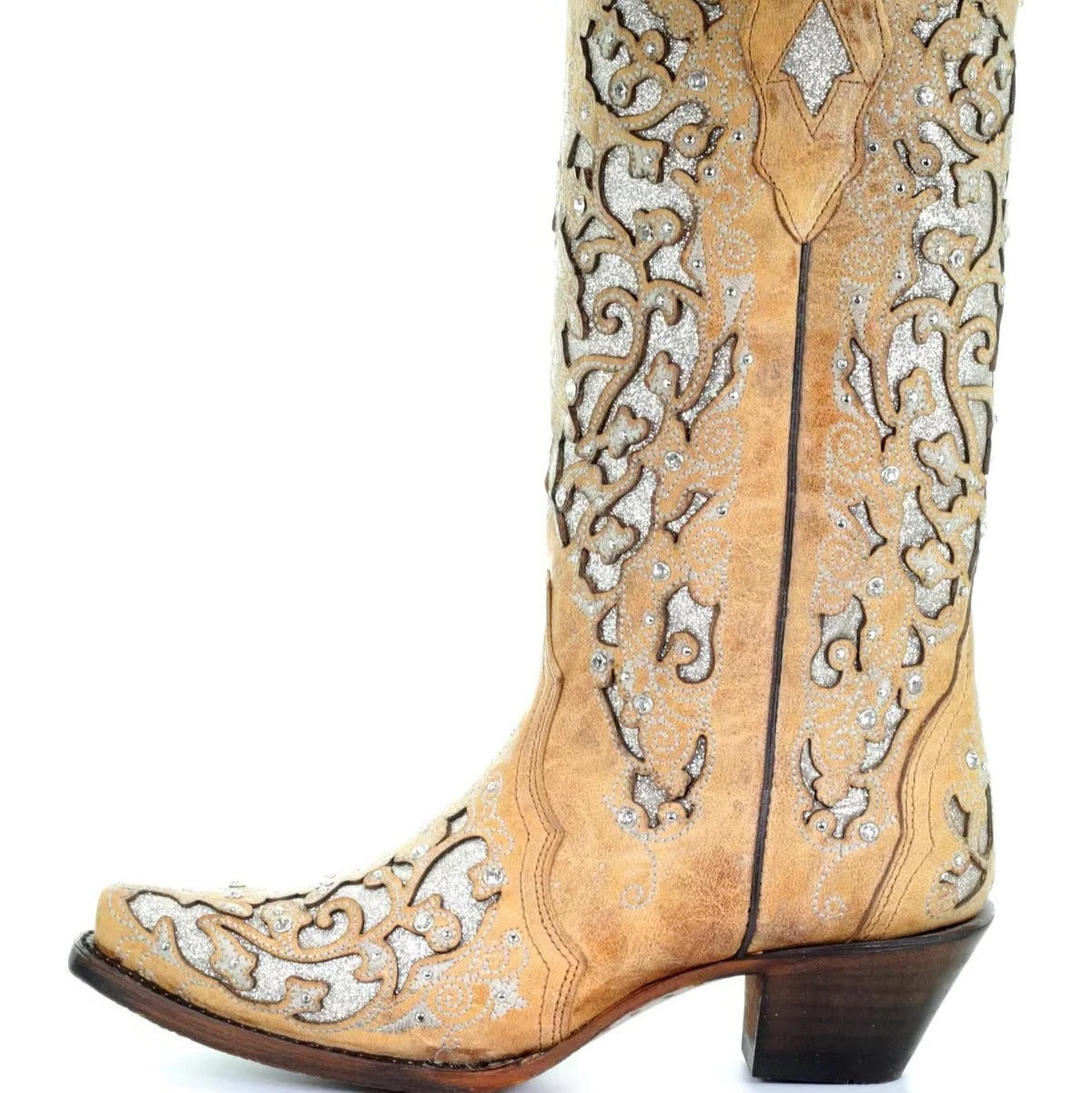 Funkelnde Stiefel mit Spitze und Farbblock-Design