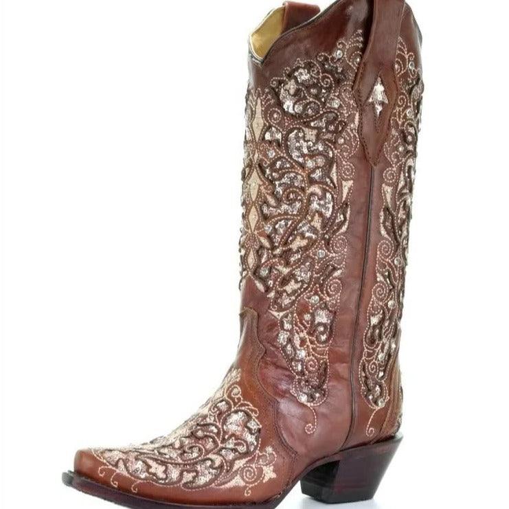 Funkelnde Stiefel mit Spitze und Farbblock-Design