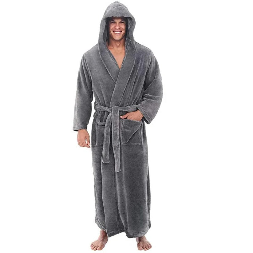 Langärmliger Fleece-Bademantel für Herren mit Kapuze und kuscheligen Taschen